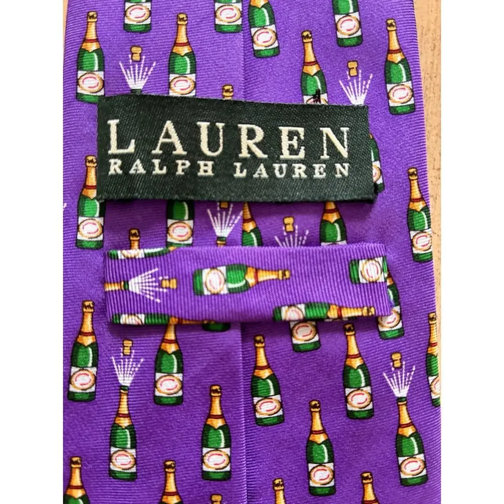 VTG Ralph Lauren Purple Champagne Bottle Necktie 100% Silk Novelty Tie